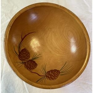 Vintage 11” Munising Wooden Pinecone Bowl Wood Hand Painted Rustic Farm House